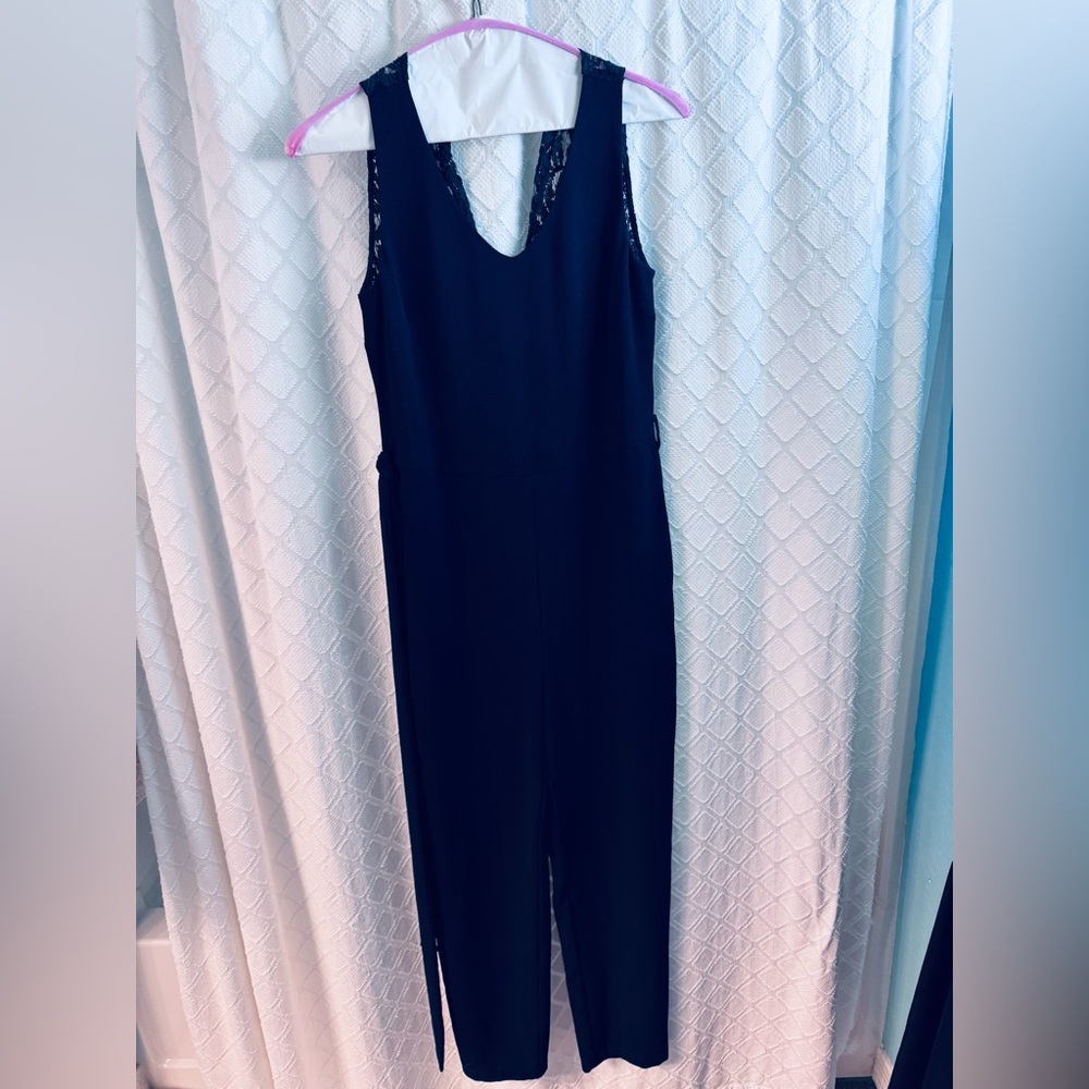 Chic Navy Blue Lace-Trimmed Jumpsuit